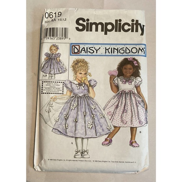 SIMPLICITY PATTERN 0619 DRESSES GIRLS SIZES 1/2 1 2 DOLL 18" UNCUT VINTAGE - Picture 1 of 5